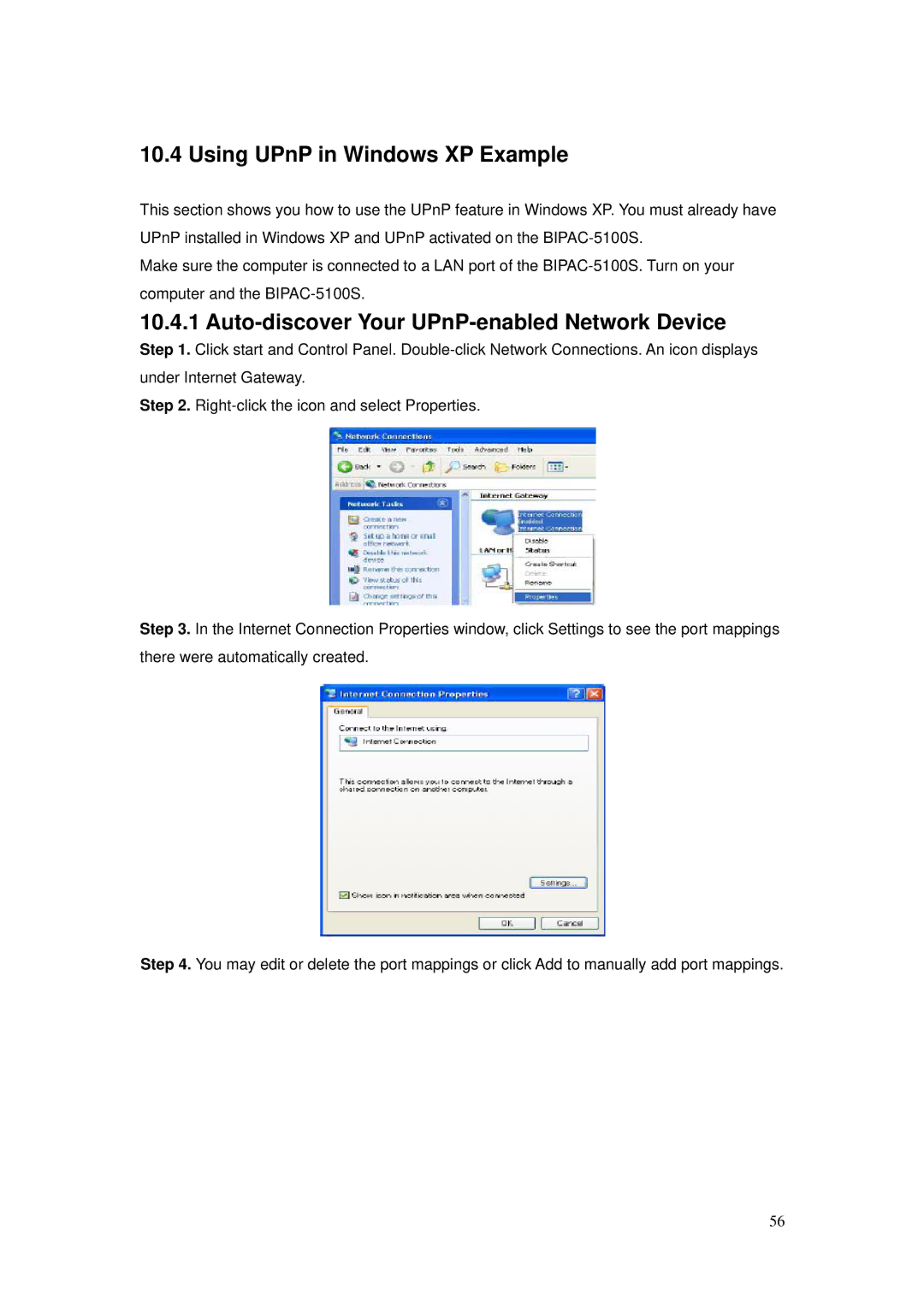 Billion Electric Company BIPAC-5100S Using UPnP in Windows XP Example, Auto-discover Your UPnP-enabled Network Device 