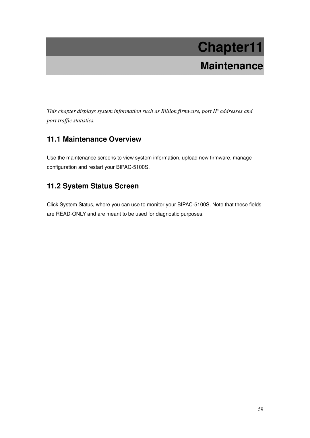 Billion Electric Company BIPAC-5100S user manual Maintenance Overview, System Status Screen 