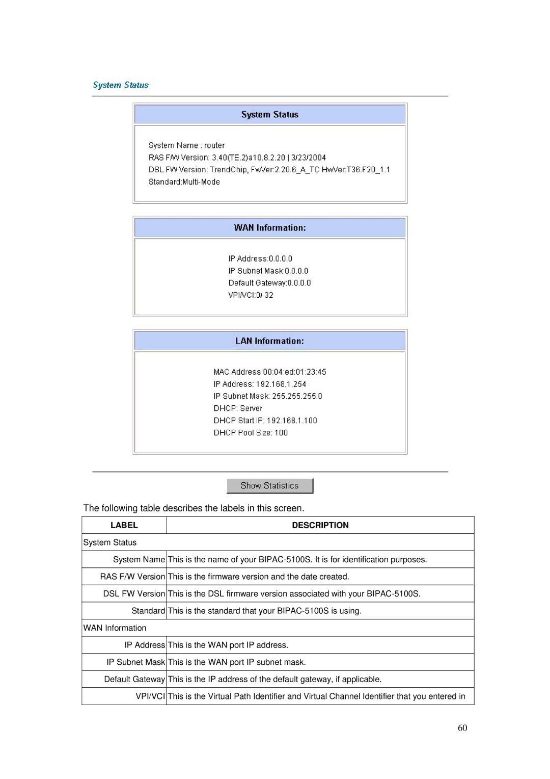 Billion Electric Company BIPAC-5100S user manual Following table describes the labels in this screen 