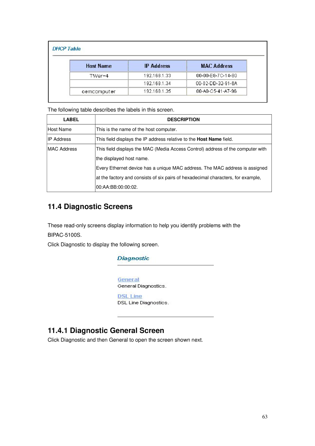 Billion Electric Company BIPAC-5100S user manual Diagnostic Screens, Diagnostic General Screen 