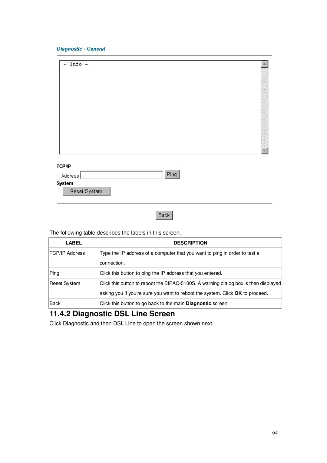 Billion Electric Company BIPAC-5100S user manual Diagnostic DSL Line Screen 