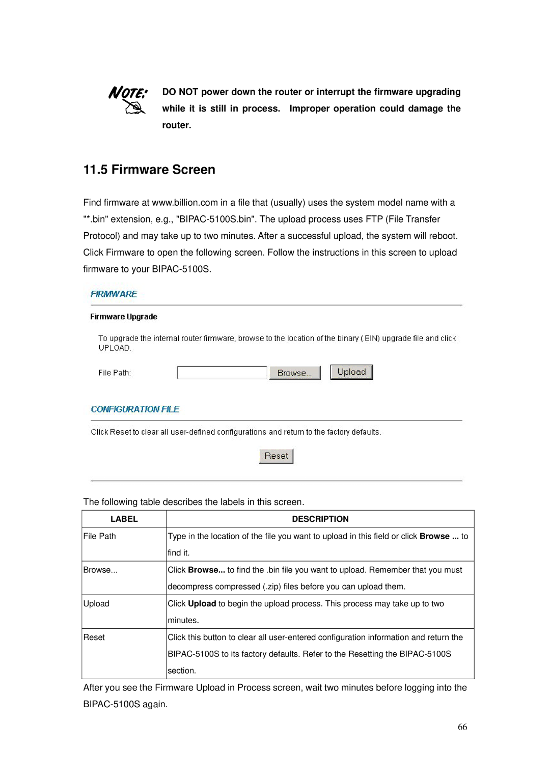 Billion Electric Company BIPAC-5100S user manual Firmware Screen 