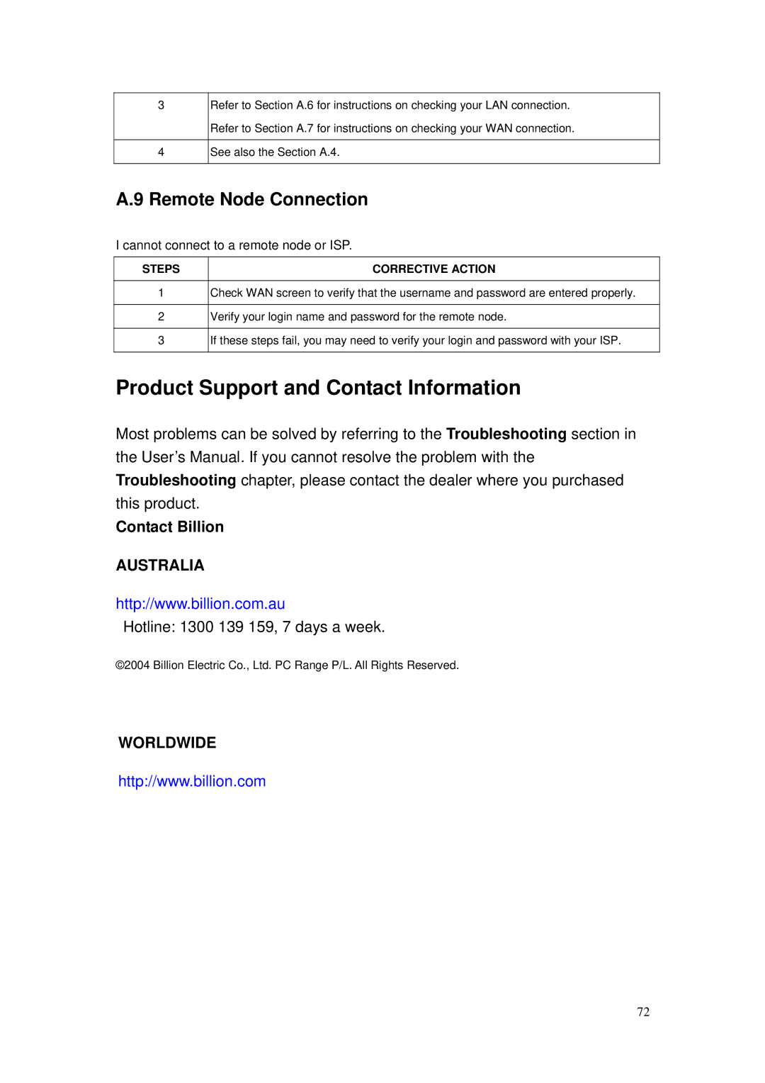 Billion Electric Company BIPAC-5100S user manual Remote Node Connection, Cannot connect to a remote node or ISP 