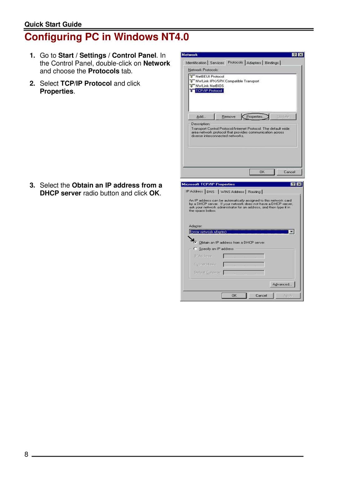 Billion Electric Company BIPAC-5100S quick start Configuring PC in Windows NT4.0 