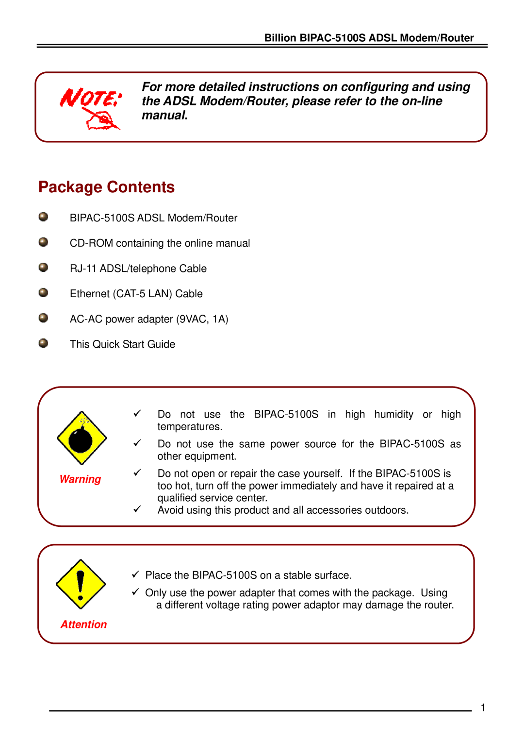 Billion Electric Company BIPAC-5100S quick start Package Contents 