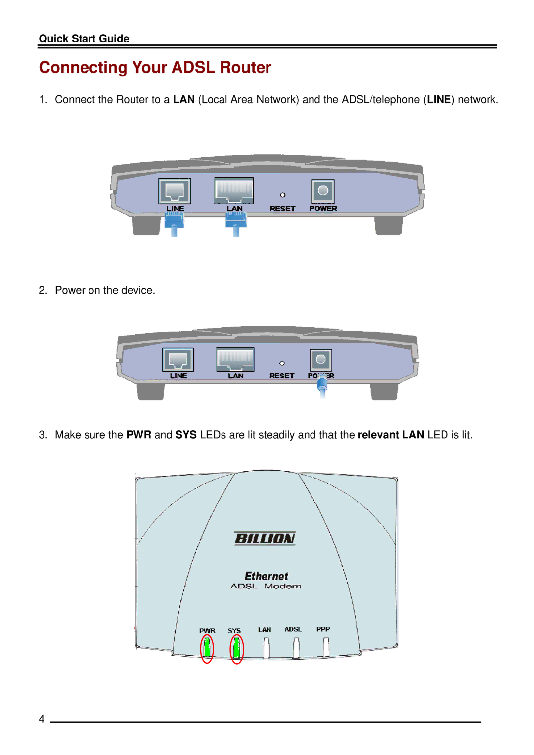 Billion Electric Company BIPAC-5100S quick start Connecting Your Adsl Router 