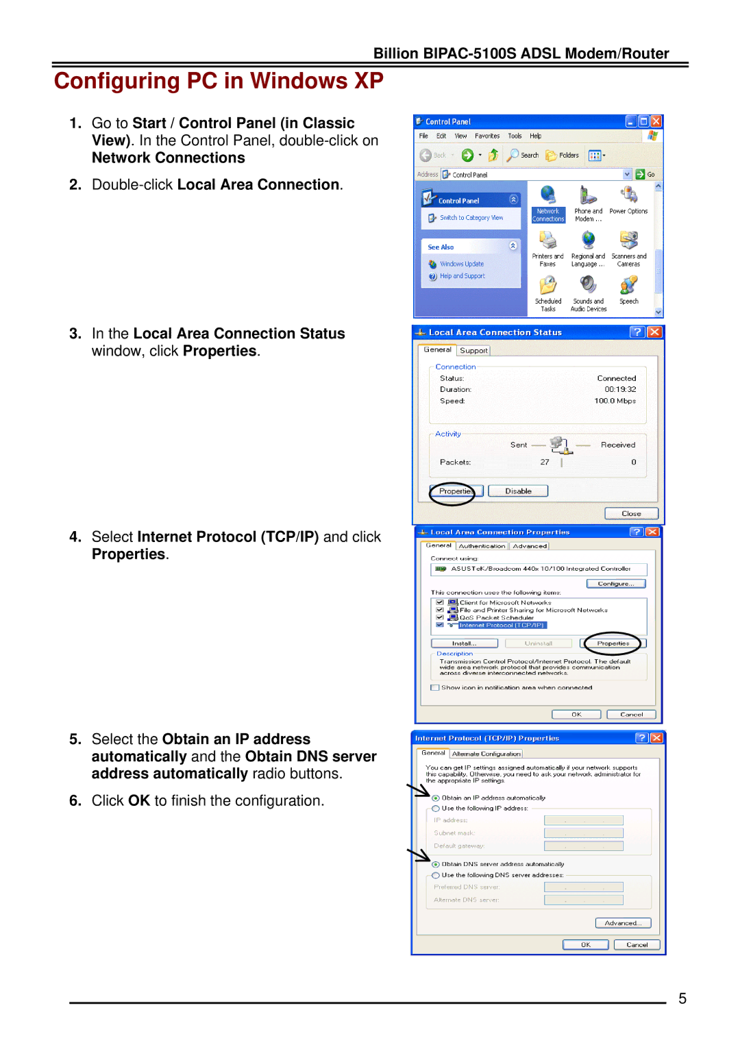 Billion Electric Company BIPAC-5100S quick start Configuring PC in Windows XP 