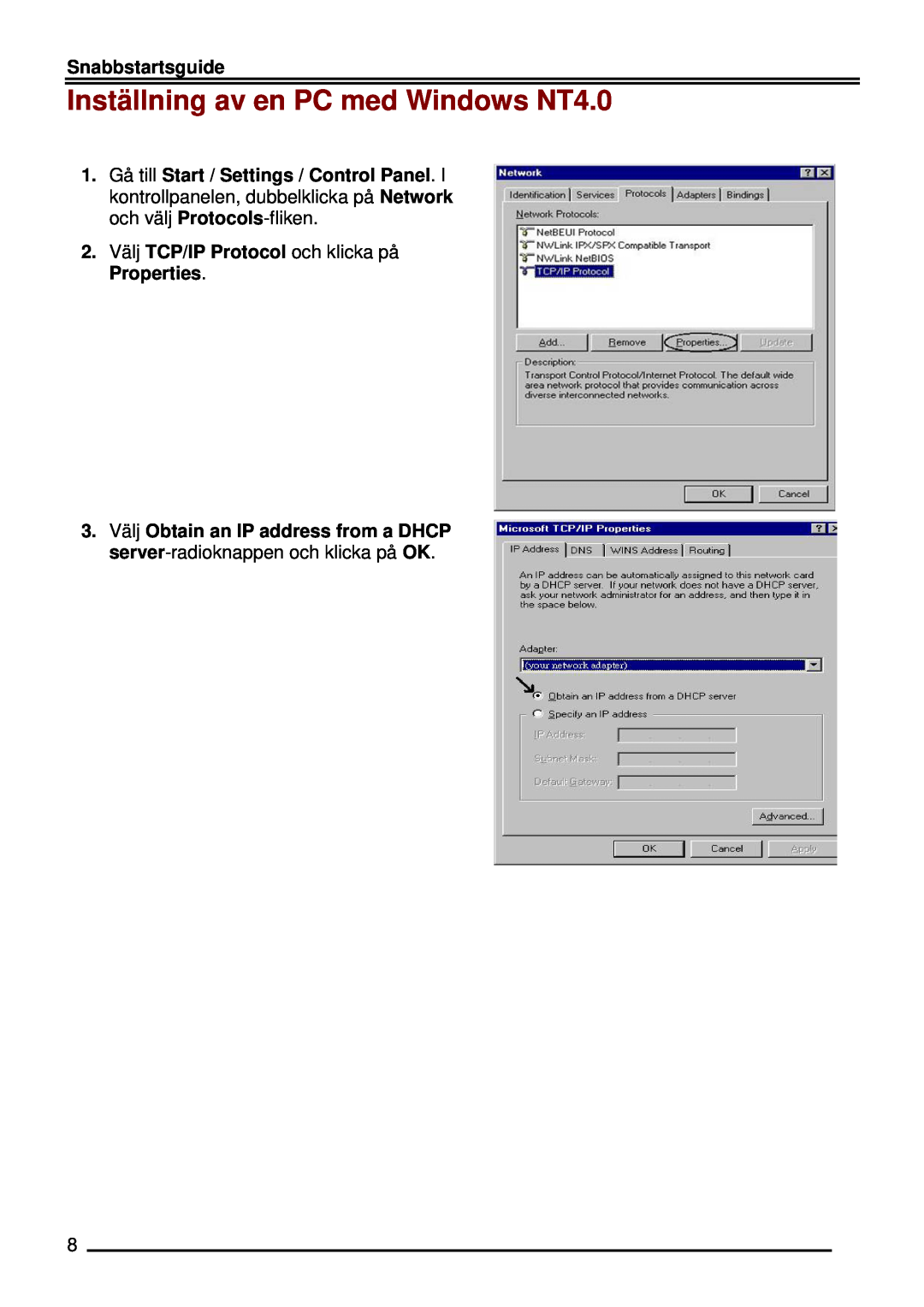 Billion Electric Company BIPAC-5100W quick start Inställning av en PC med Windows NT4.0 