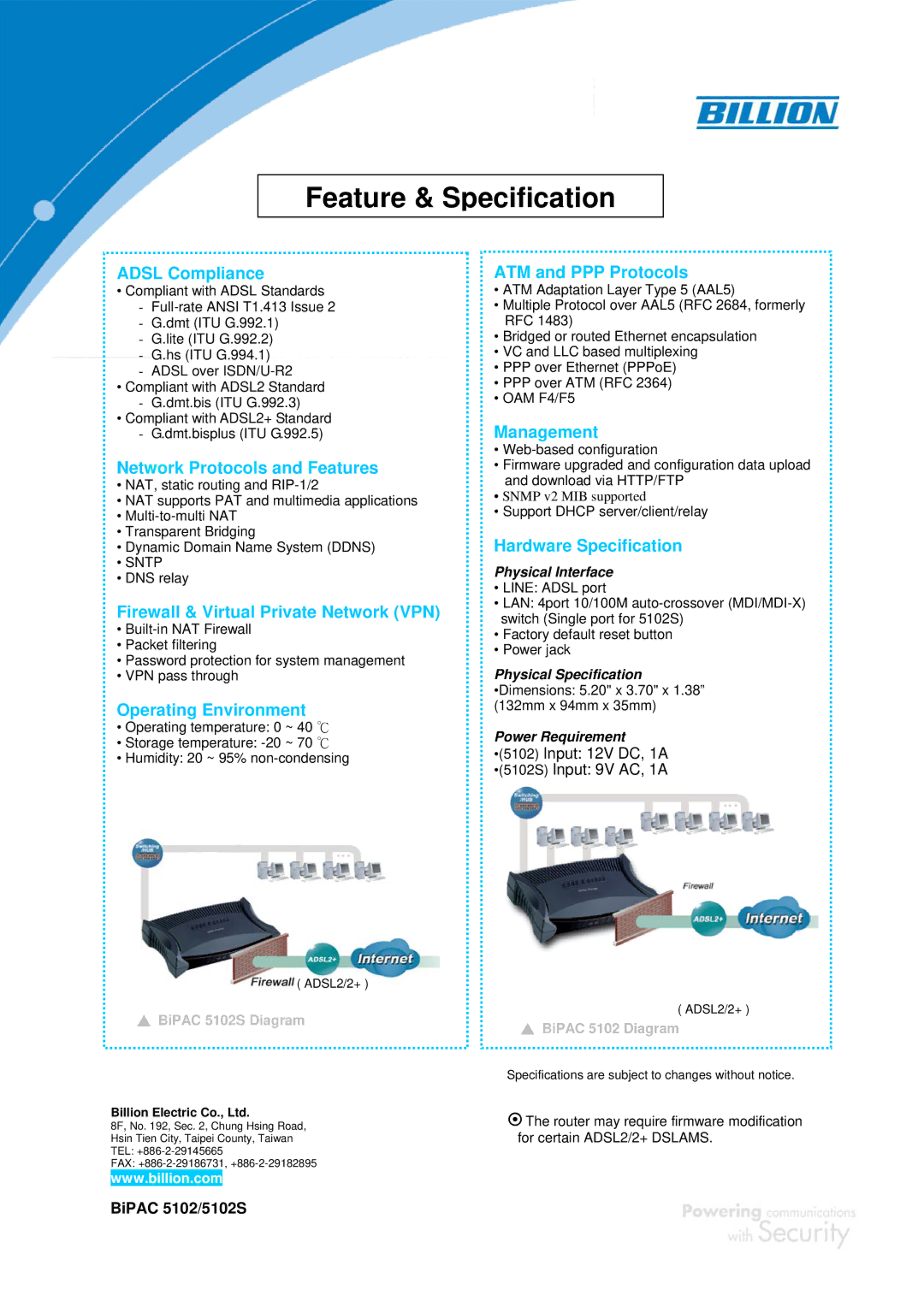 Billion Electric Company BIPAC 5102S Adsl Compliance, Network Protocols and Features, Operating Environment, Management 