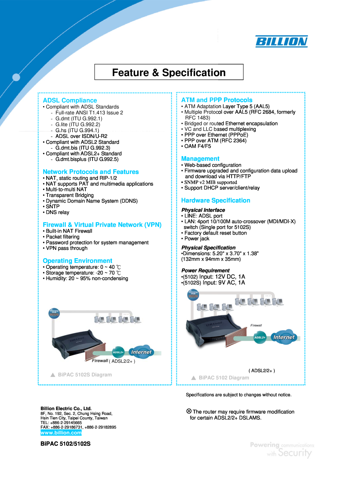Billion Electric Company BIPAC 5102S Feature & Specification, ADSL Compliance, Network Protocols and Features, Management 