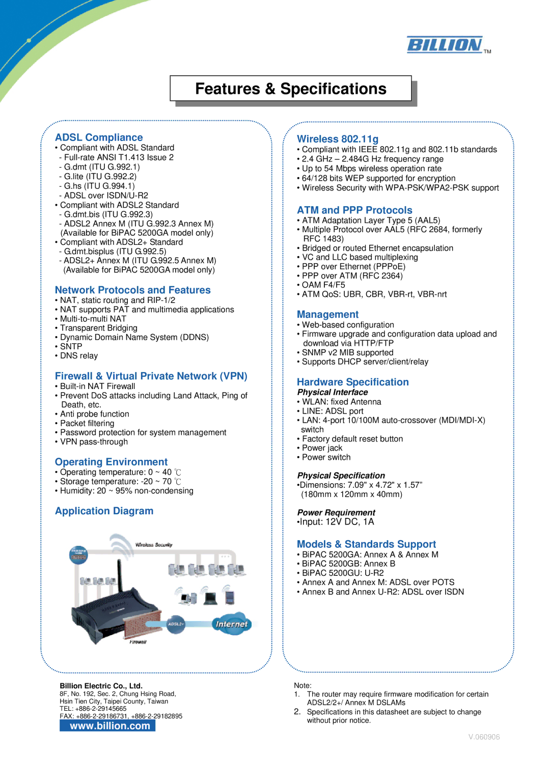 Billion Electric Company BiPAC 5200G Adsl Compliance, Network Protocols and Features, Operating Environment, Management 