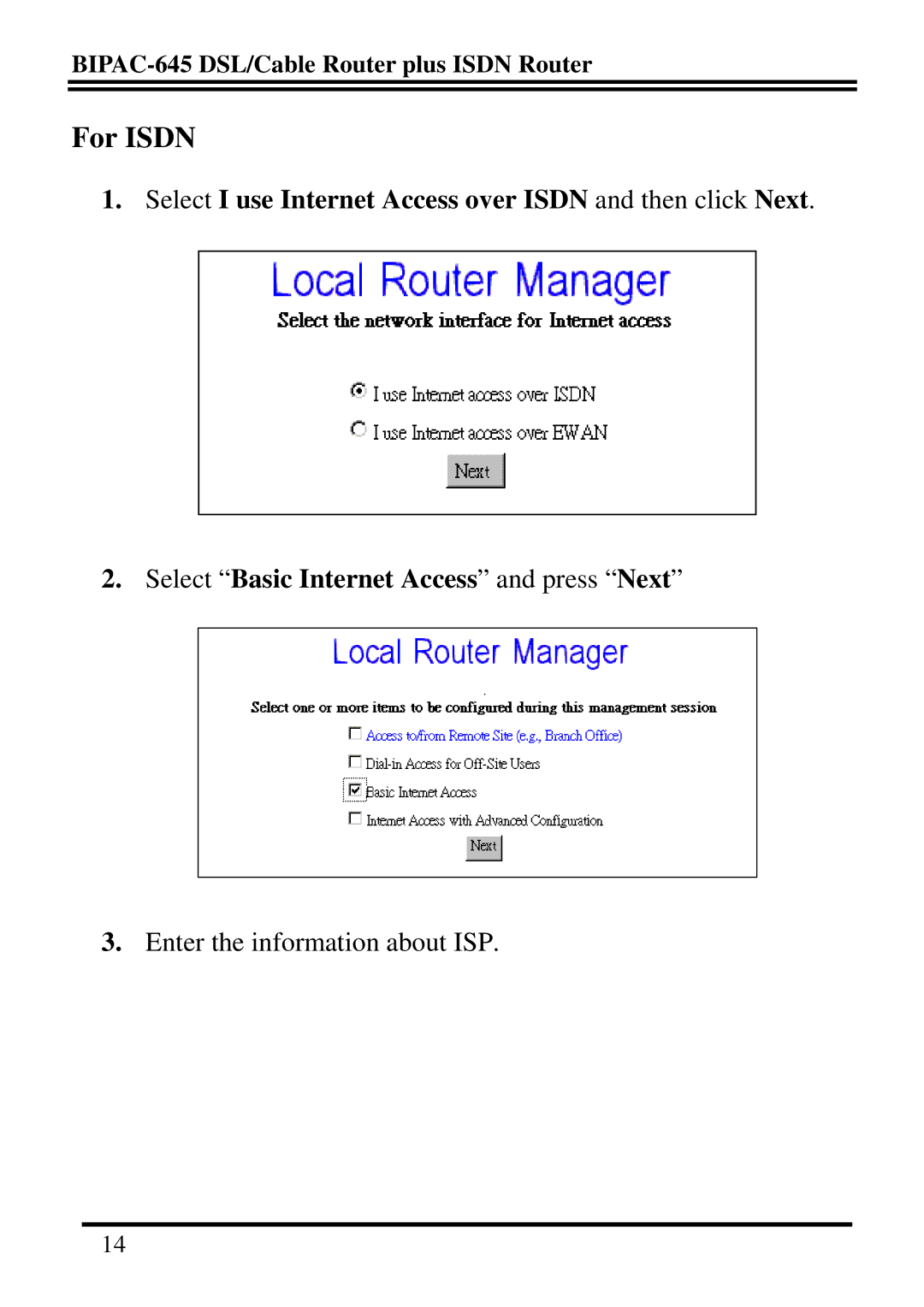 Billion Electric Company BIPAC-645 quick start For Isdn 