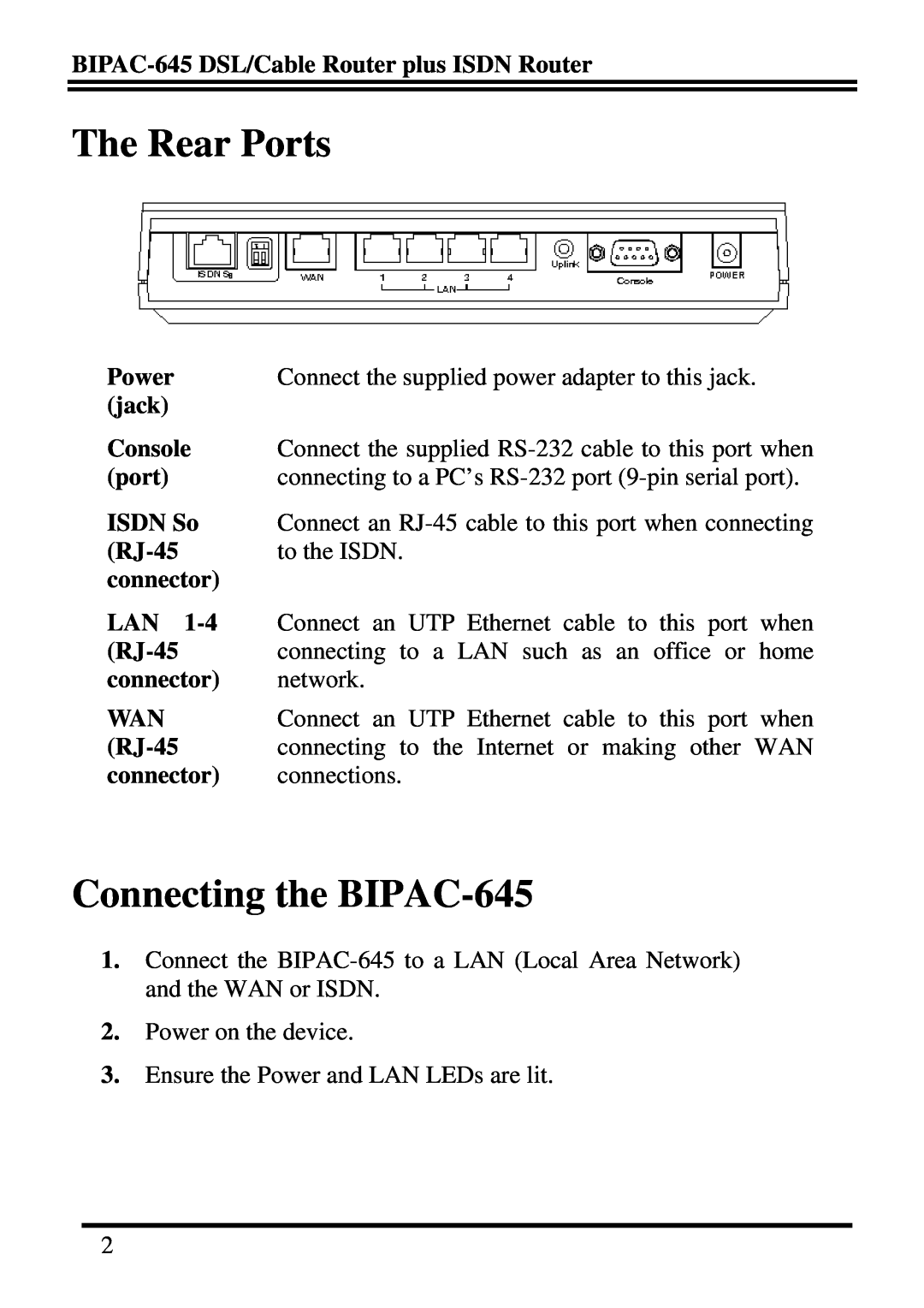 Billion Electric Company The Rear Ports, Connecting the BIPAC-645, BIPAC-645 DSL/Cable Router plus ISDN Router, jack 