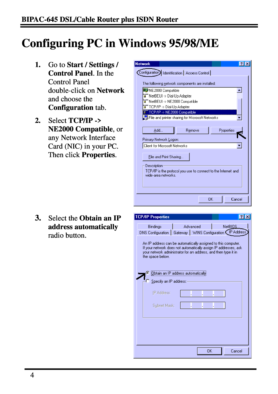 Billion Electric Company quick start Configuring PC in Windows 95/98/ME, BIPAC-645 DSL/Cable Router plus ISDN Router 