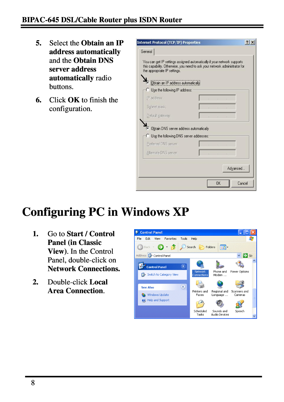 Billion Electric Company BIPAC-645 quick start Configuring PC in Windows XP, Go to Start / Control, Network Connections 