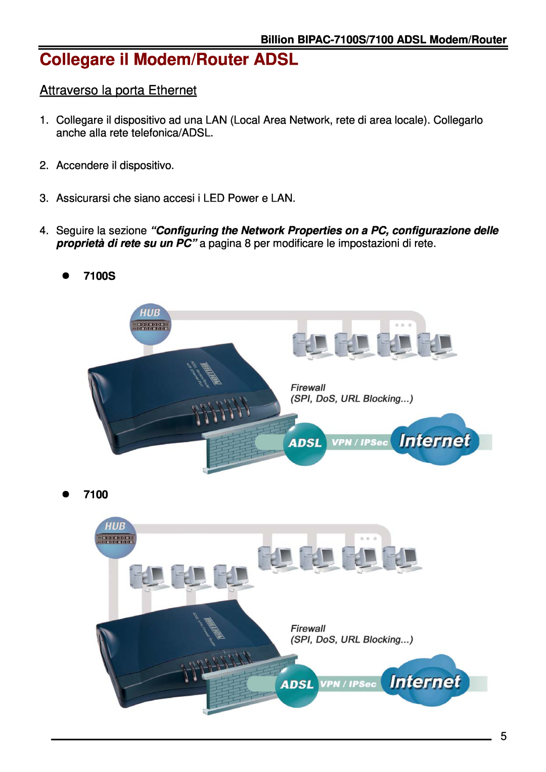 Billion Electric Company BIPAC-7100 manual Collegare il Modem/Router ADSL, Attraverso la porta Ethernet 