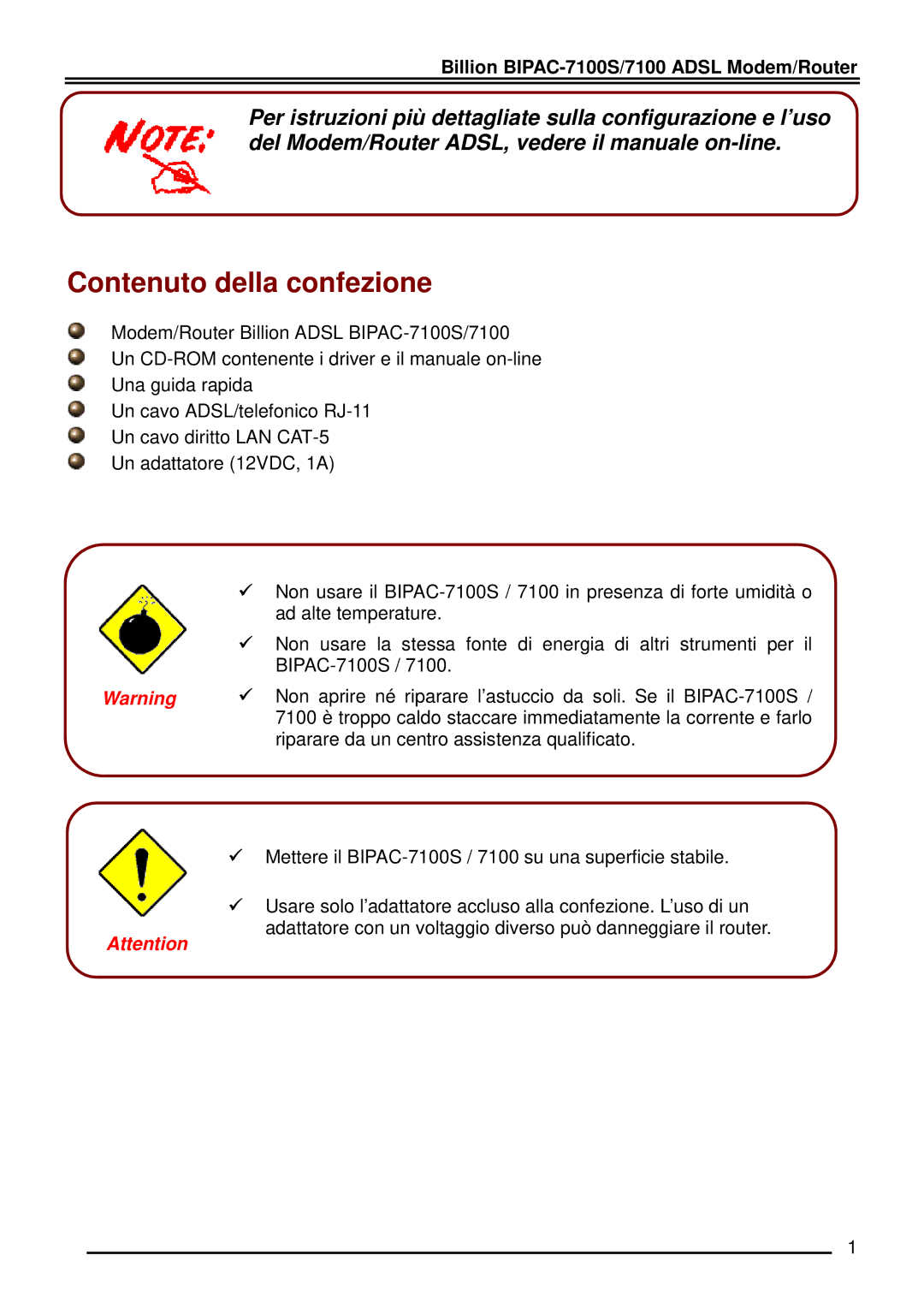 Billion Electric Company BIPAC-7100 manual Contenuto della confezione 