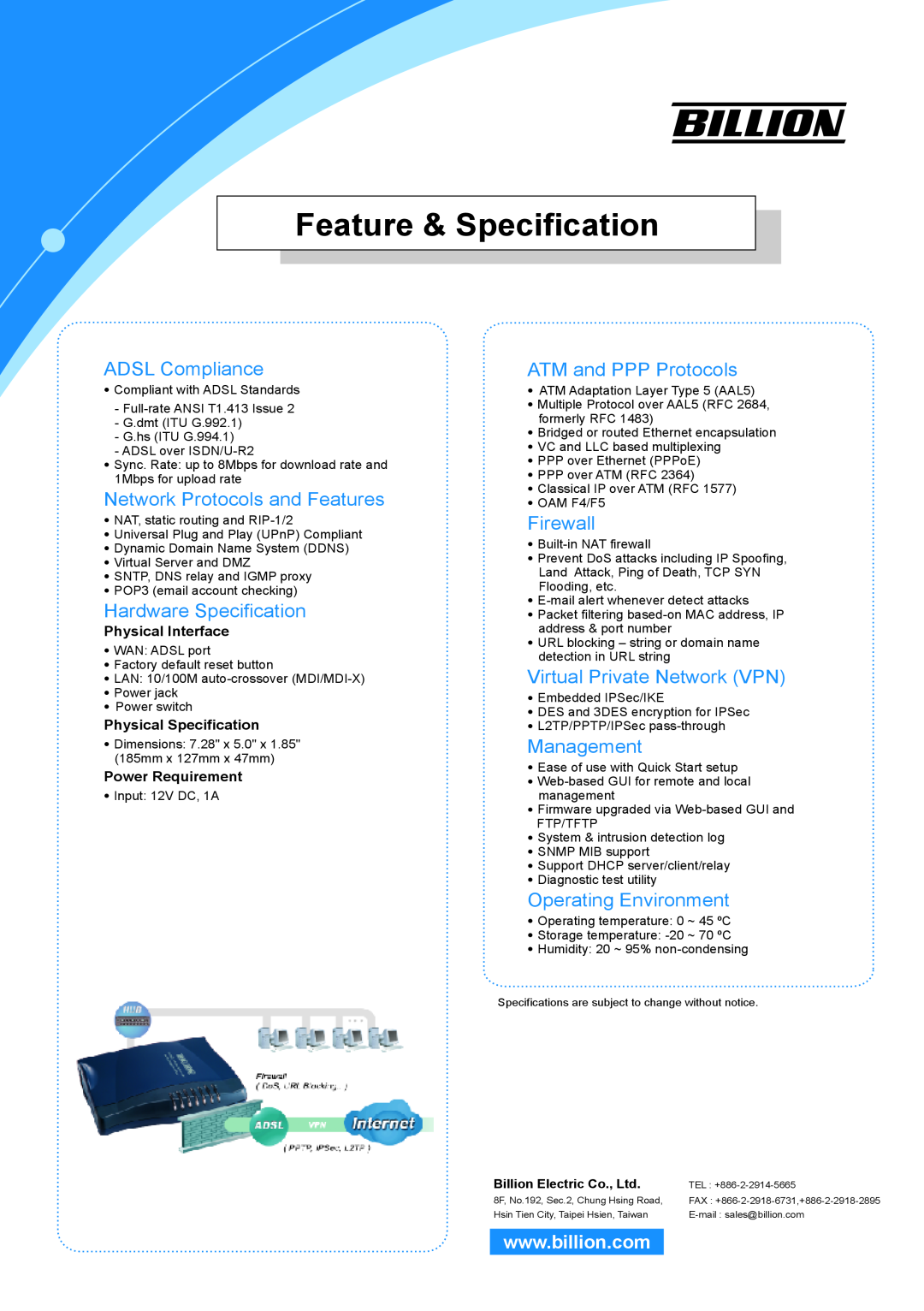 Billion Electric Company BIPAC-7100S Feature & Specification, ADSL Compliance, Network Protocols and Features, Firewall 