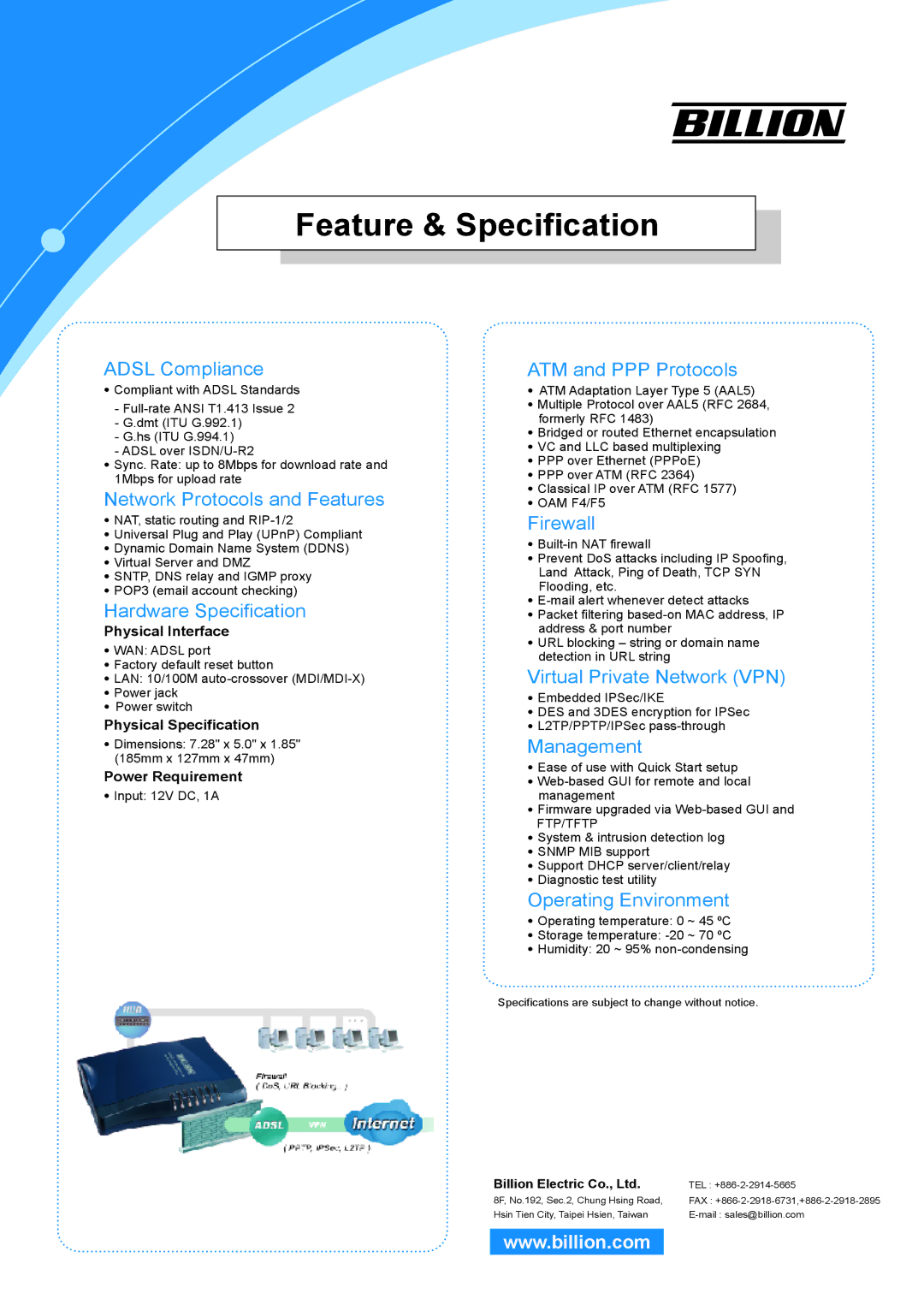 Billion Electric Company BIPAC-7100S quick start Feature & Specification 