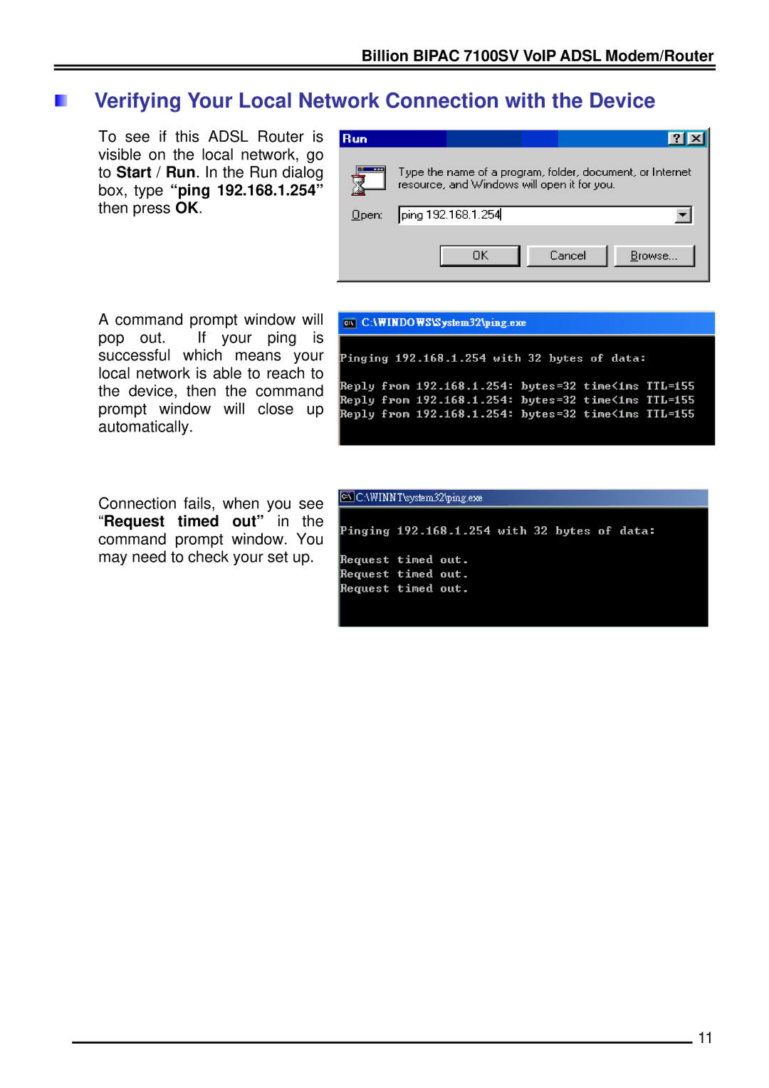 Billion Electric Company BIPAC 7100SV quick start Verifying Your Local Network Connection with the Device 