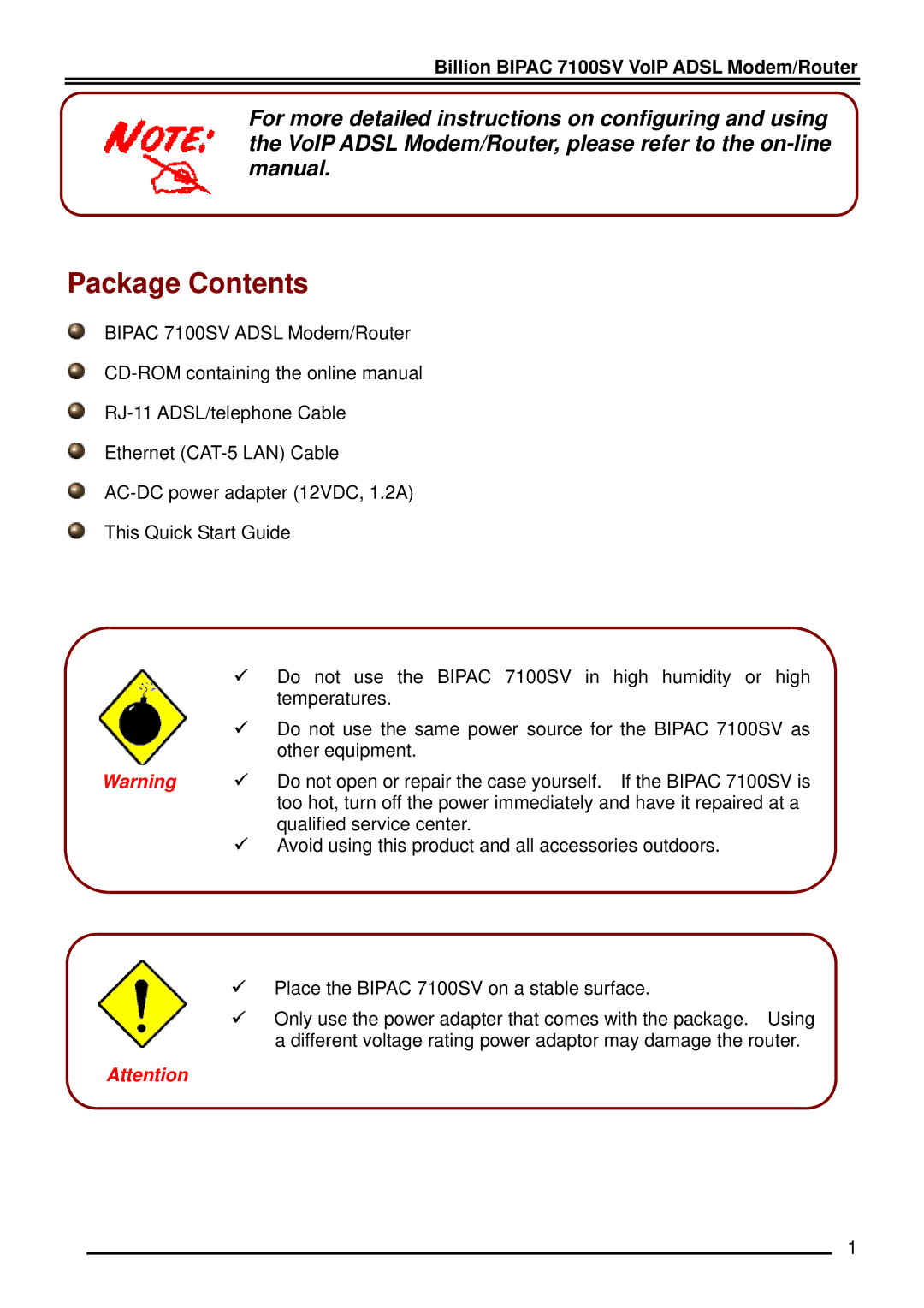 Billion Electric Company BIPAC 7100SV quick start Package Contents 