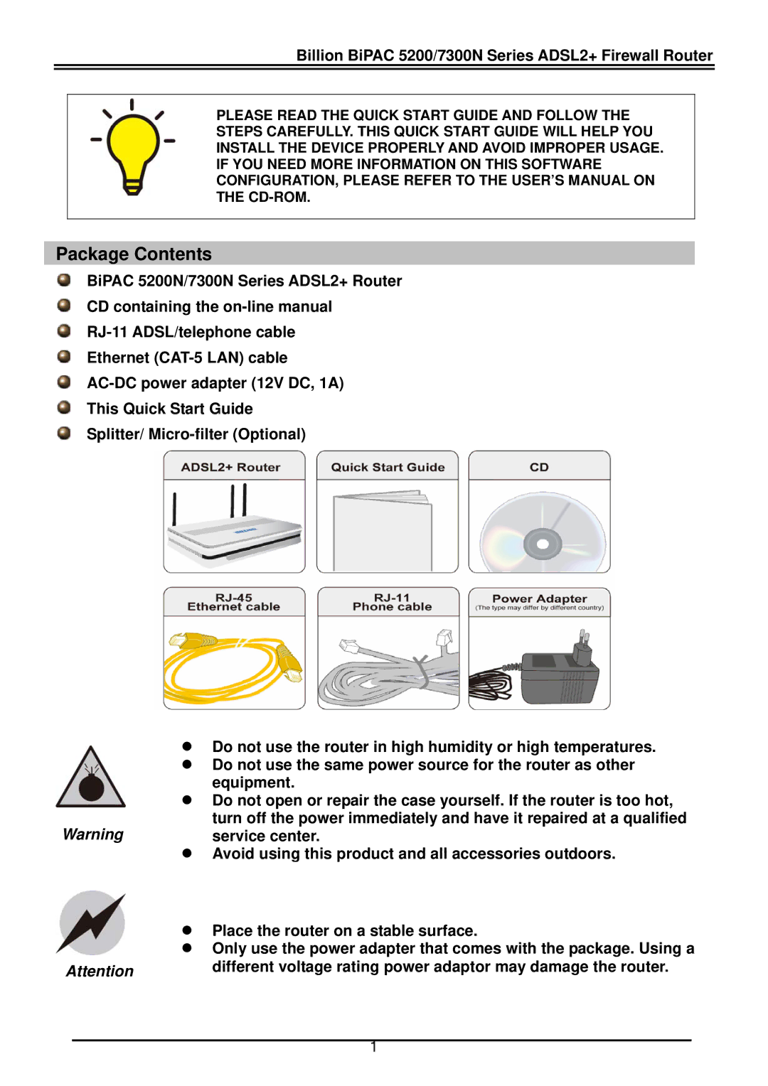 Billion Electric Company BiPAC 7300N quick start Package Contents 