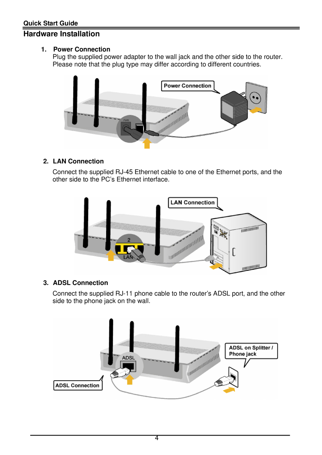 Billion Electric Company BiPAC 7300N quick start Hardware Installation, Power Connection, LAN Connection, Adsl Connection 