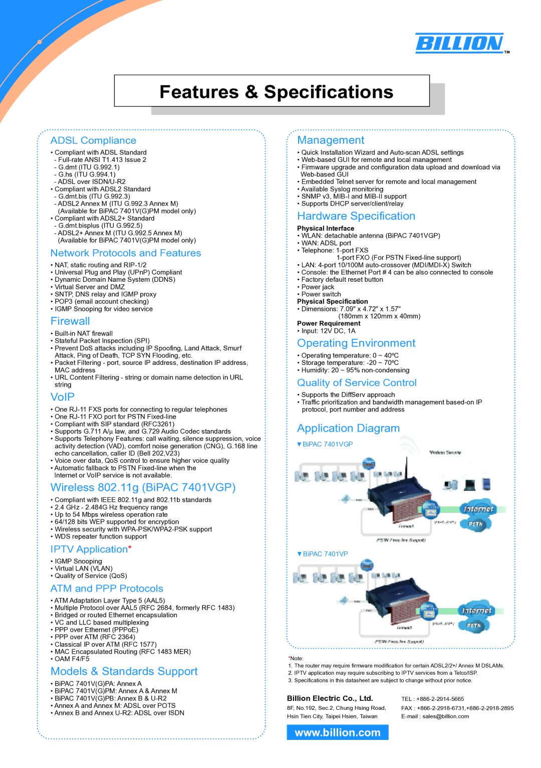 Billion Electric Company BiPAC 7401V(G)P manual Firewall, VoIP, Wireless 802.11g BiPAC 7401VGP, Models & Standards Support 