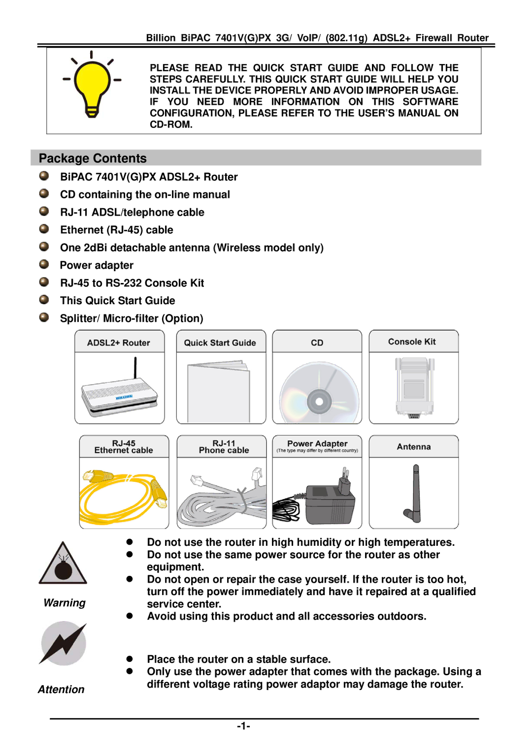 Billion Electric Company BiPAC 7401V(G)PX quick start Package Contents 