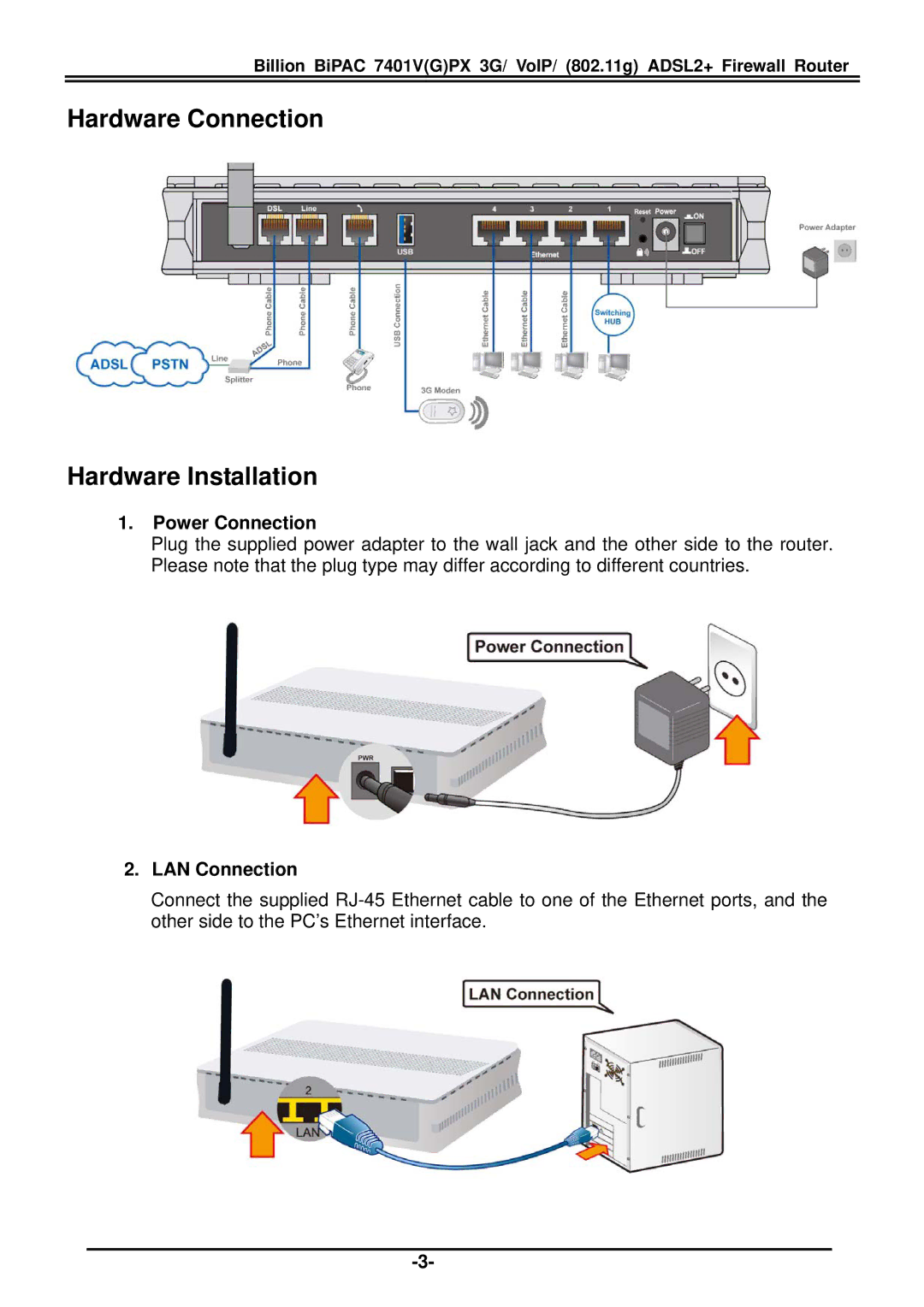 Billion Electric Company BiPAC 7401V(G)PX Hardware Connection Hardware Installation, Power Connection, LAN Connection 