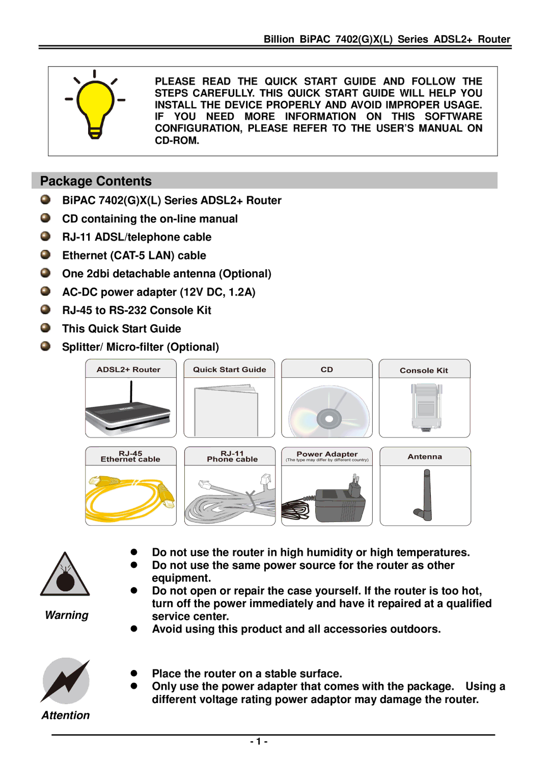 Billion Electric Company BiPAC 7402(G)X(L) Series quick start Package Contents 