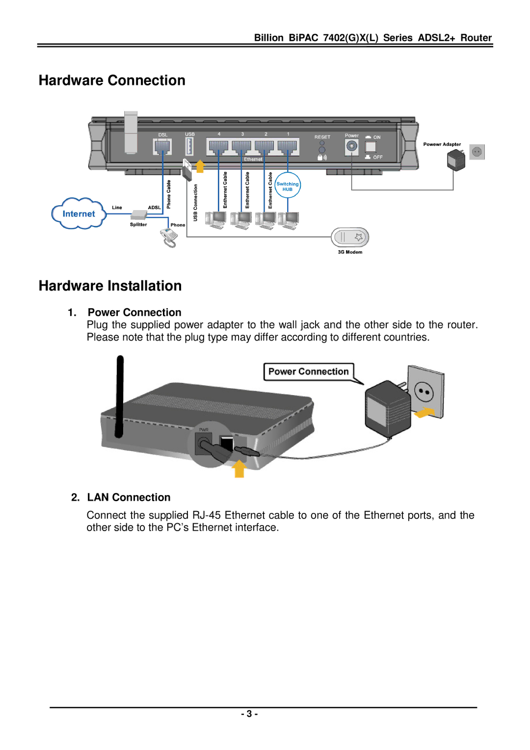 Billion Electric Company BiPAC 7402(G)X(L) Series quick start Hardware Connection Hardware Installation, Power Connection 