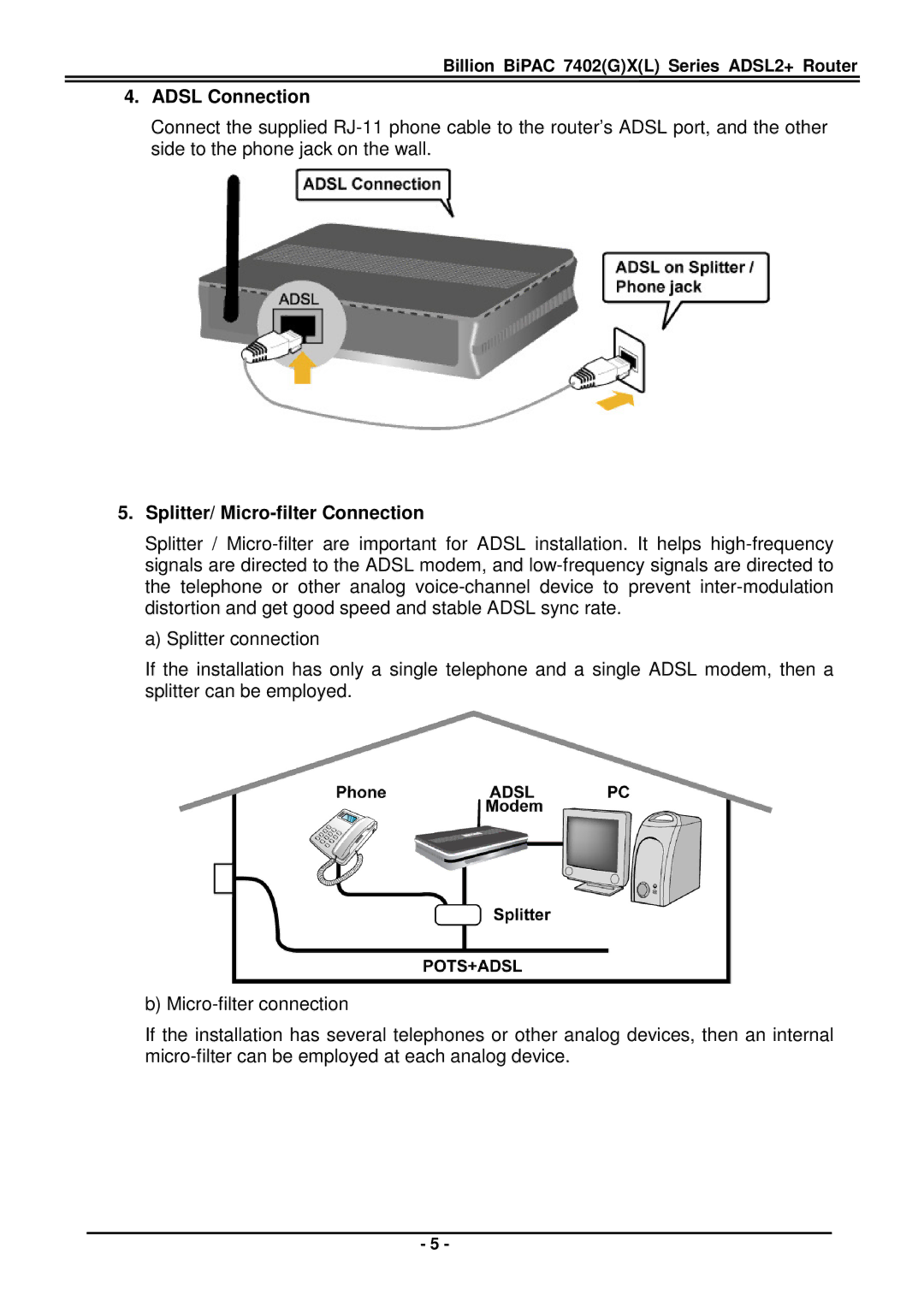 Billion Electric Company BiPAC 7402(G)X(L) Series quick start Adsl Connection, Splitter/ Micro-filter Connection 