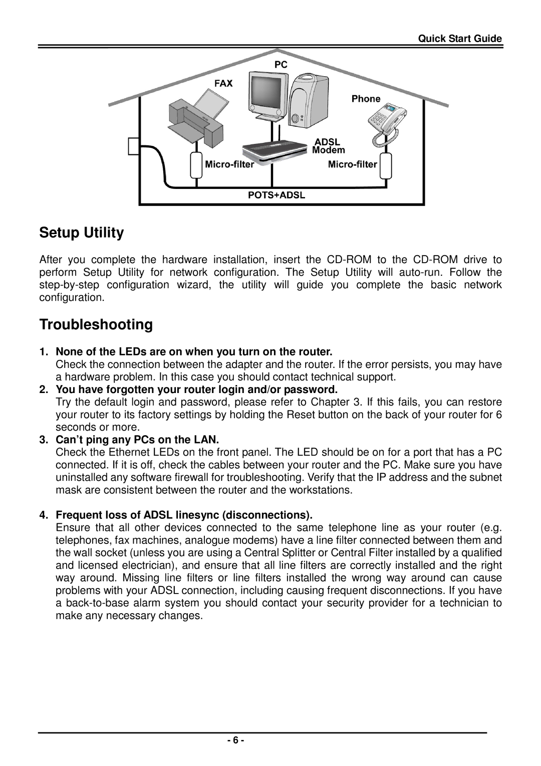 Billion Electric Company BiPAC 7402(G)X(L) Series quick start Setup Utility, Troubleshooting 