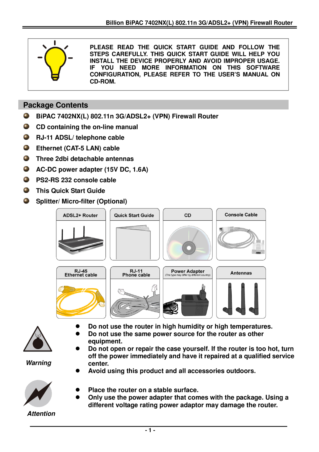 Billion Electric Company BiPAC 7402NX(L) quick start Package Contents 