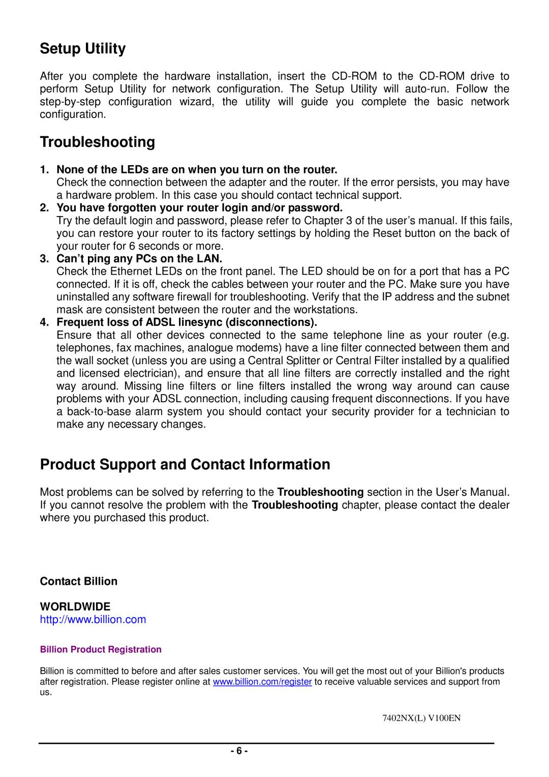 Billion Electric Company BiPAC 7402NX(L) Setup Utility, Troubleshooting, Product Support and Contact Information 