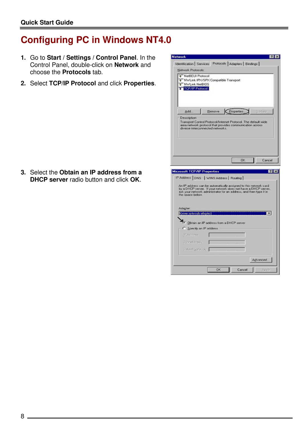 Billion Electric Company BiPAC 7402W quick start Configuring PC in Windows NT4.0 