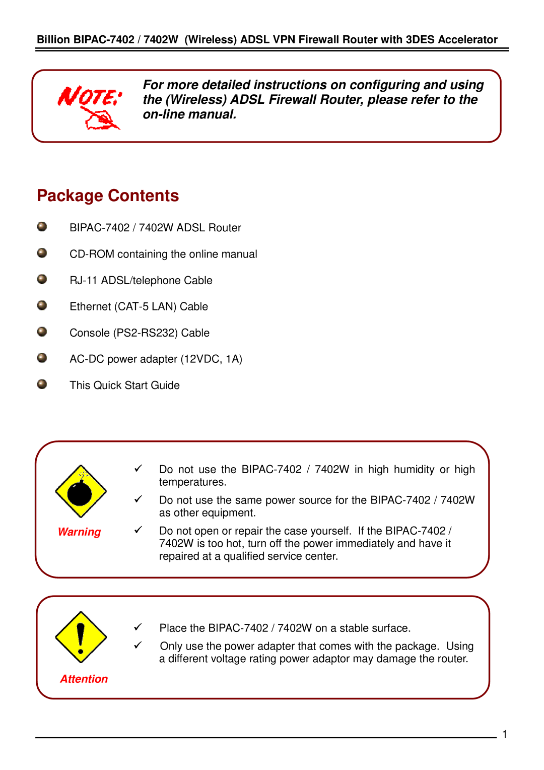 Billion Electric Company BiPAC 7402W quick start Package Contents 