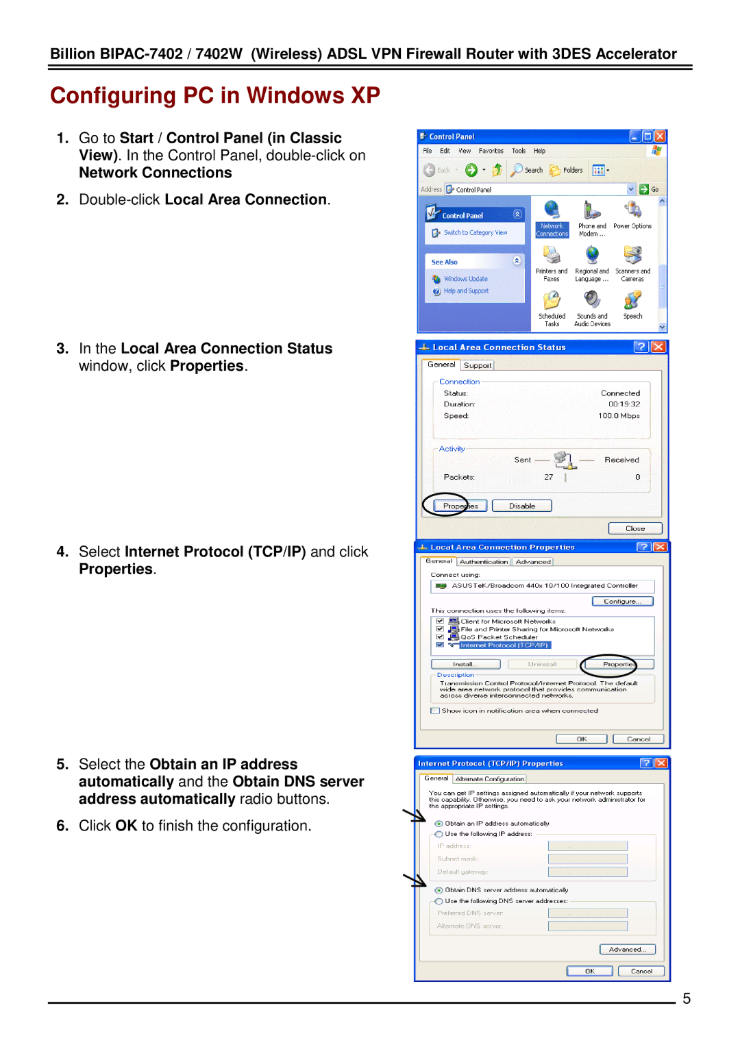 Billion Electric Company BiPAC 7402W quick start Configuring PC in Windows XP 