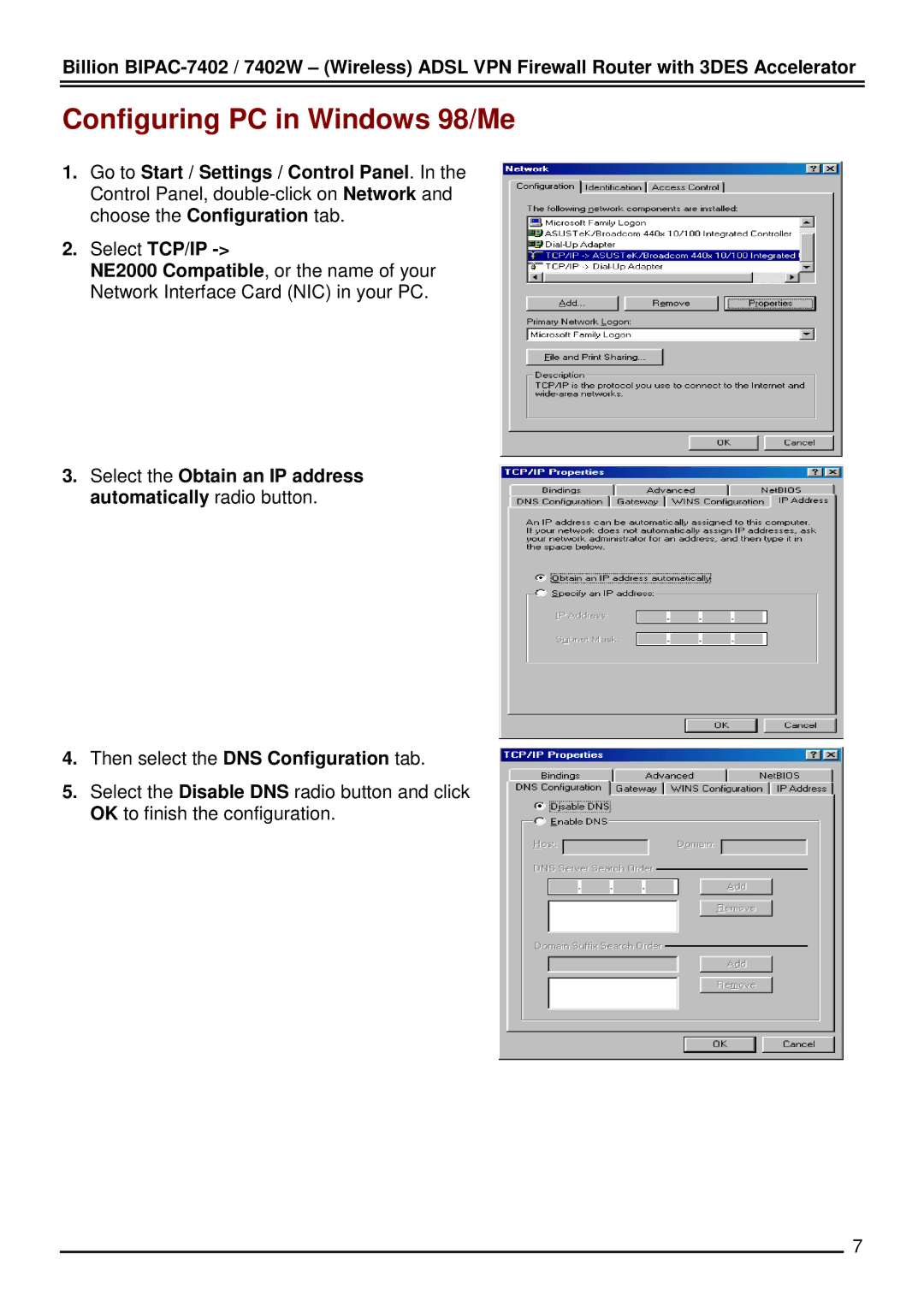 Billion Electric Company BiPAC 7402W quick start Configuring PC in Windows 98/Me 