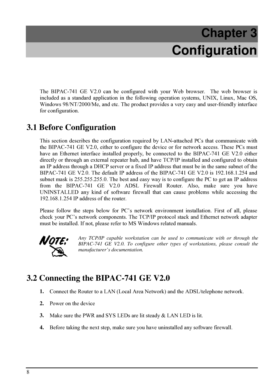 Billion Electric Company BIPAC-741 GE V2.0 user manual Before Configuration, Connecting the BIPAC-741 GE 