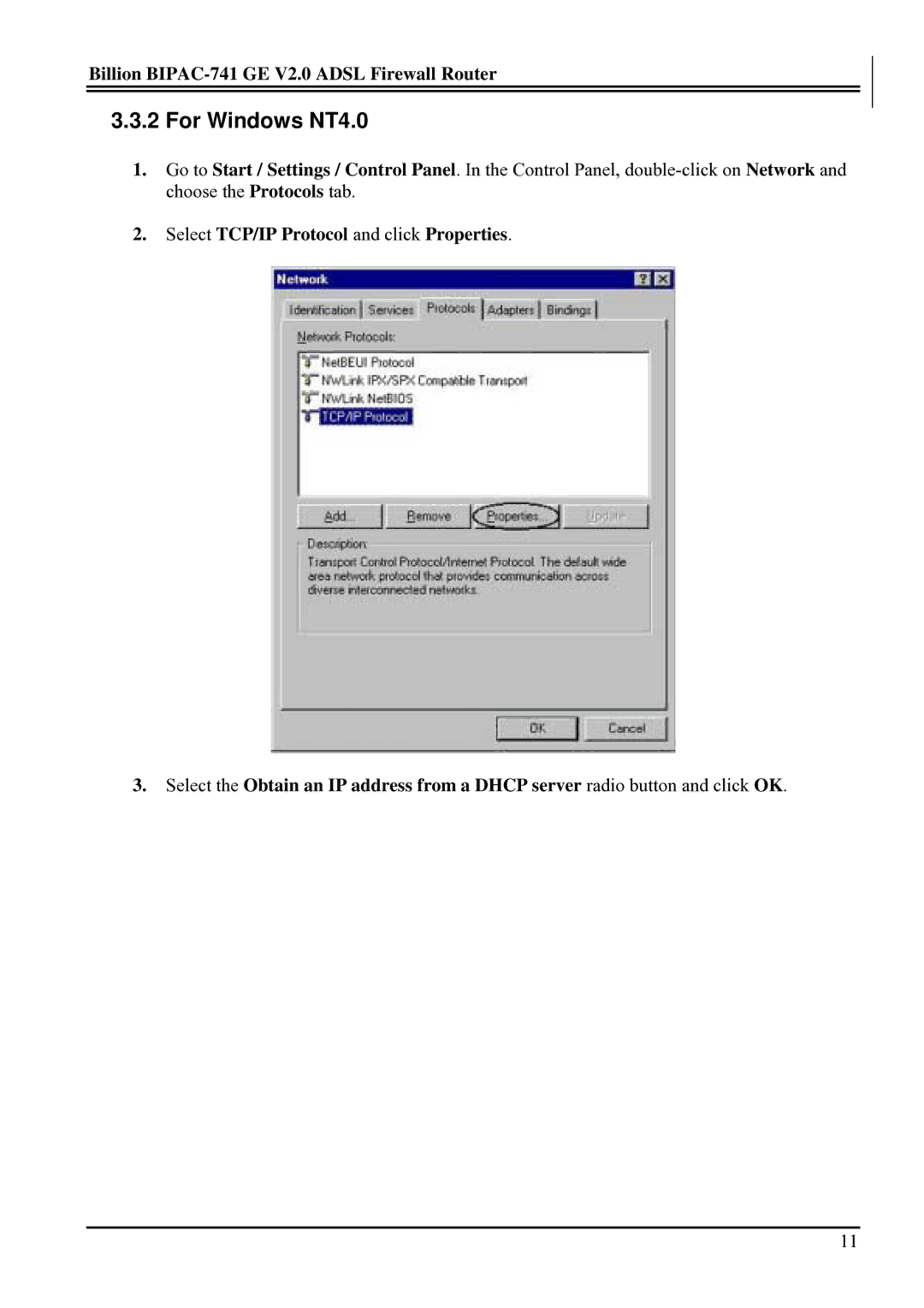 Billion Electric Company BIPAC-741 GE V2.0 user manual For Windows NT4.0 