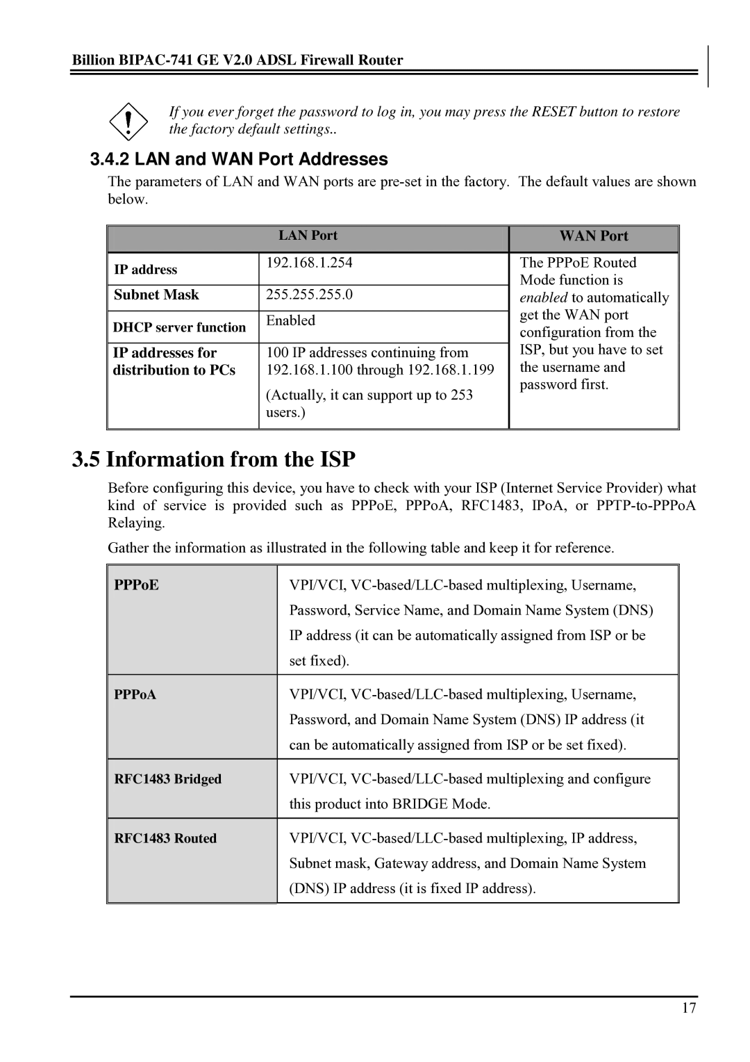 Billion Electric Company BIPAC-741 GE V2.0 user manual Information from the ISP, LAN and WAN Port Addresses 