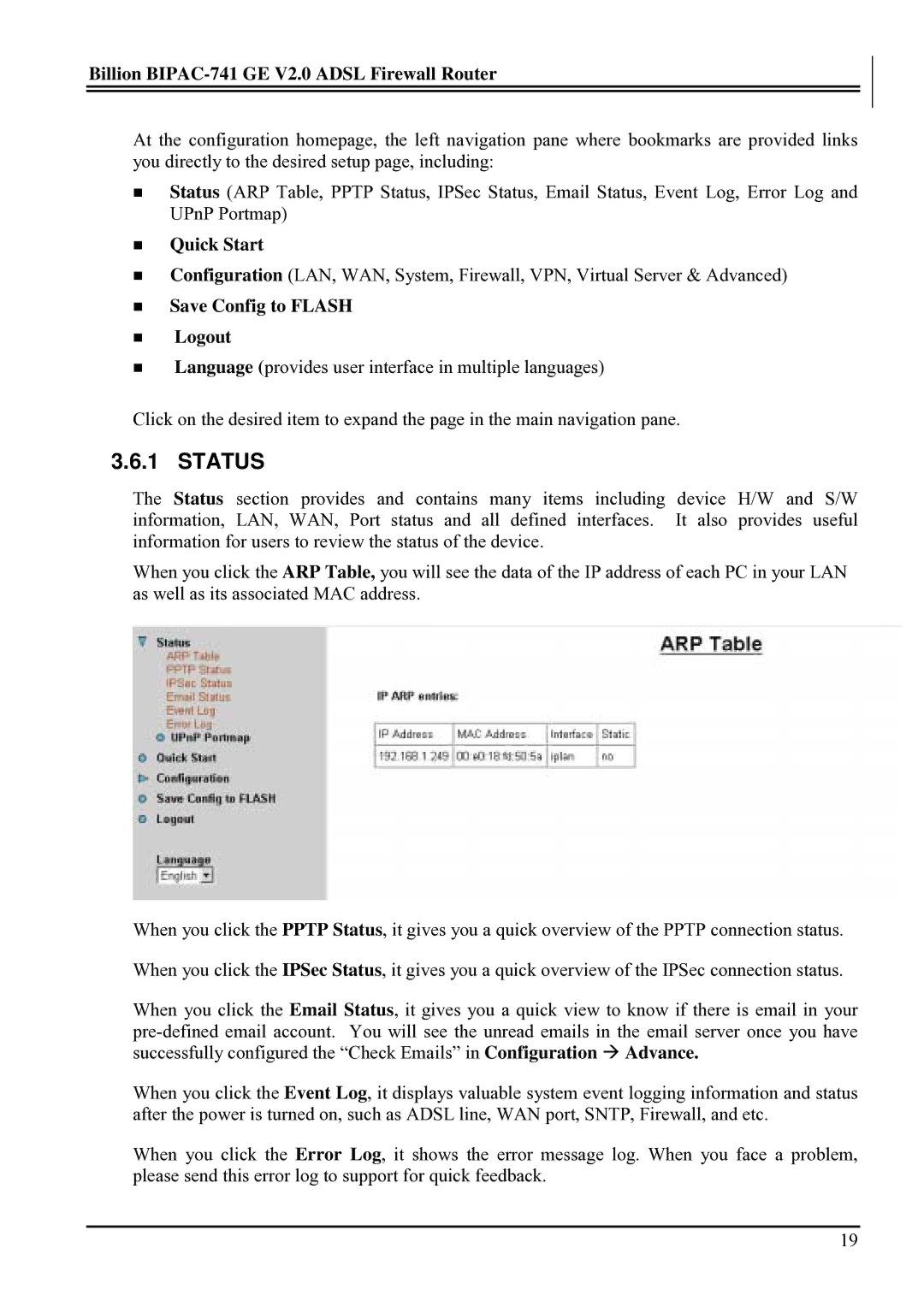 Billion Electric Company BIPAC-741 GE V2.0 user manual Status, „ Quick Start, „ Save Config to Flash „ Logout 