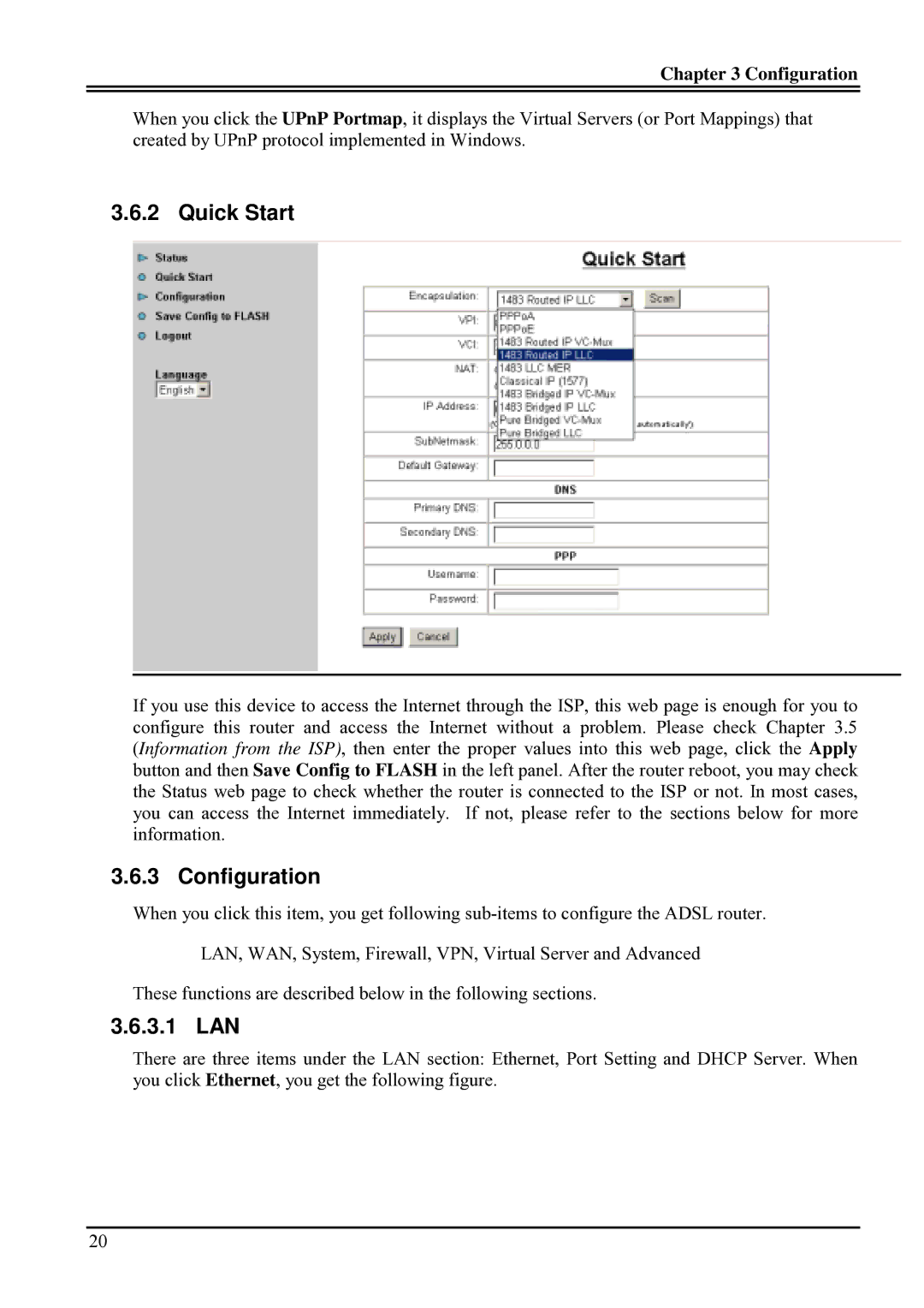 Billion Electric Company BIPAC-741 GE V2.0 user manual Quick Start, Configuration, 3.1 LAN 