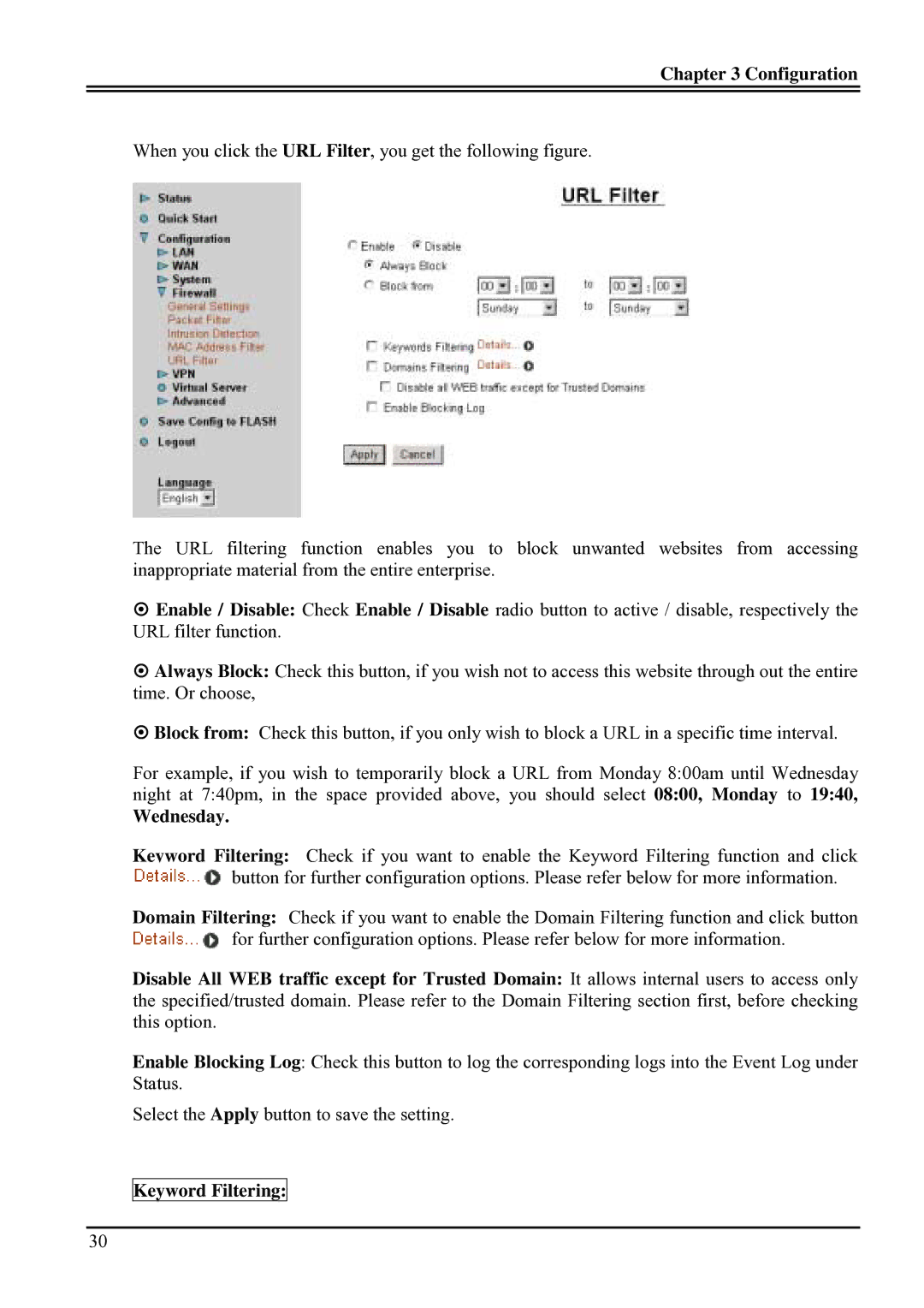 Billion Electric Company BIPAC-741 GE V2.0 user manual Wednesday, Keyword Filtering 