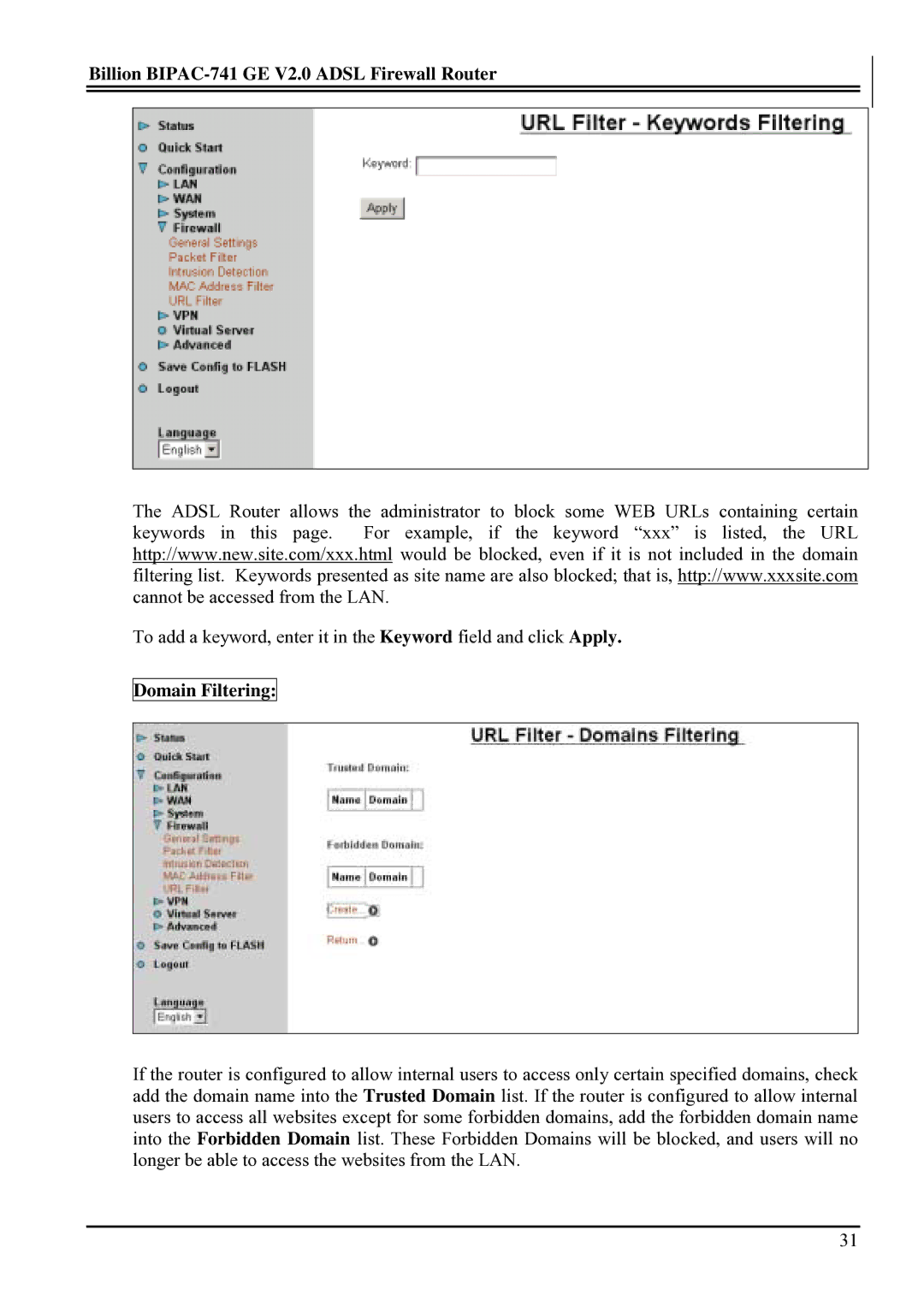 Billion Electric Company BIPAC-741 GE V2.0 user manual Domain Filtering 