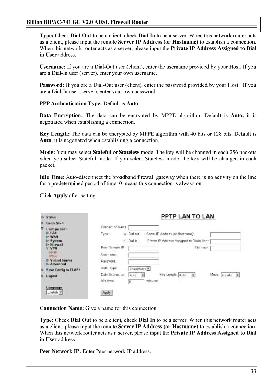 Billion Electric Company BIPAC-741 GE V2.0 user manual PPP Authentication Type Default is Auto 