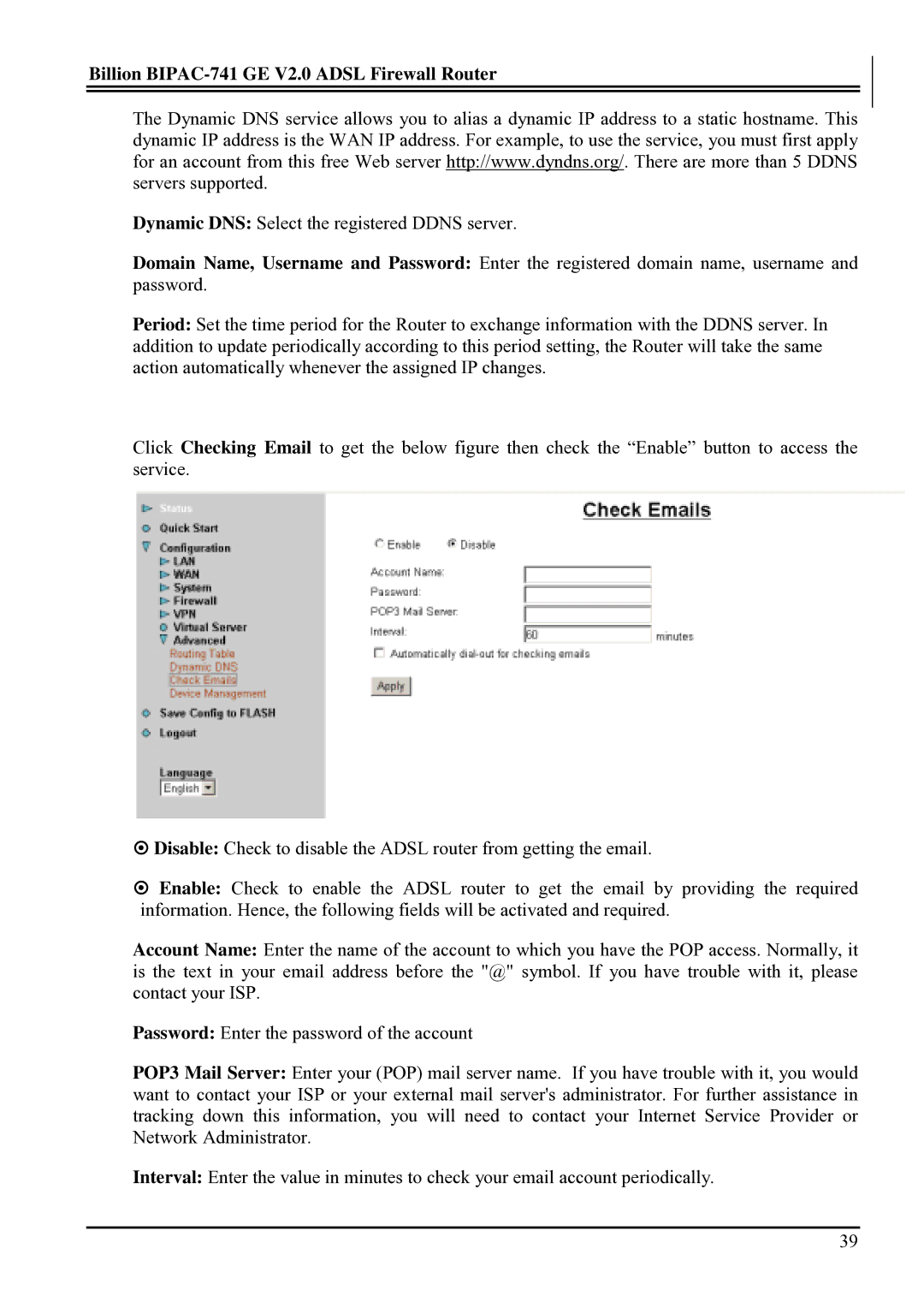 Billion Electric Company user manual Billion BIPAC-741 GE V2.0 Adsl Firewall Router 