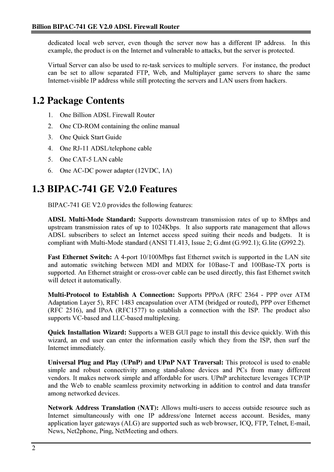 Billion Electric Company user manual Package Contents, BIPAC-741 GE V2.0 Features 